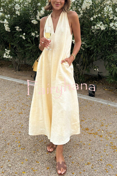 Old Money Style Linen Blend Back Twisted Pocket A-line Midi Dress