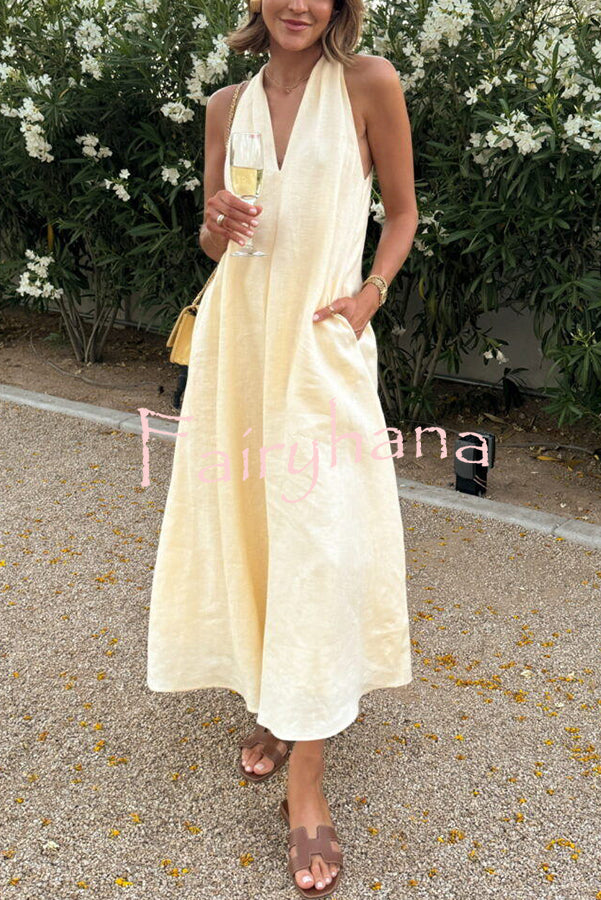 Old Money Style Linen Blend Back Twisted Pocket A-line Midi Dress