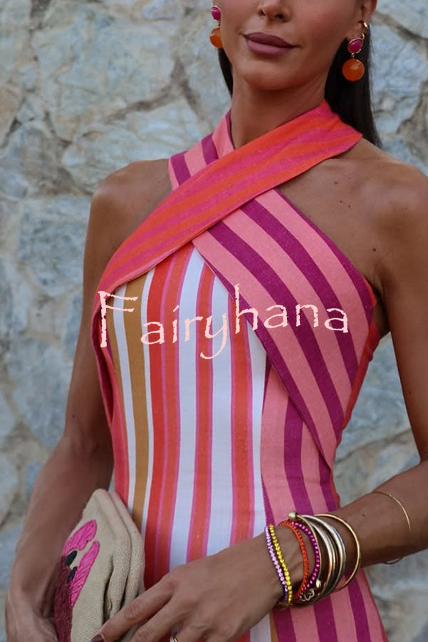 Sunset Breeze Linen Blend Colorful Stripes Cross Halter Flare Maxi Dress