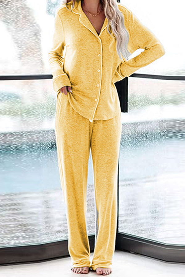 Home-style Loose-fitting Long-sleeved Pocket Shirt and Elastic Waist Casual Pants Set