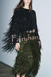 Party Crasher Layered Sequined Tassels High Rise Back Zipper Midi Skirt