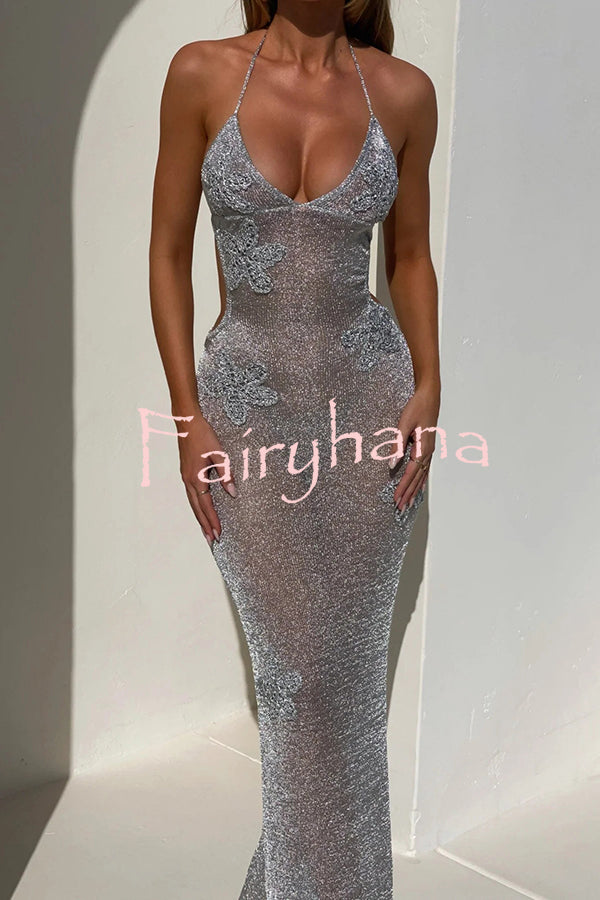 Fashion Jacquard Sexy See-through Halter Neck Backless Slim Maxi Dress
