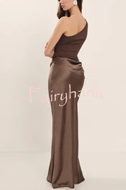 Kaia Satin Contrast Fabric Patchwork One Shoulder Ruched Maxi Dress