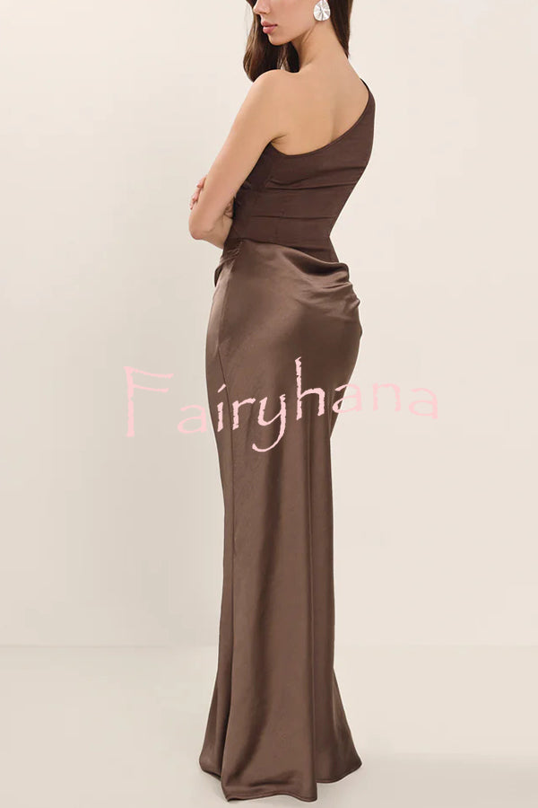 Kaia Satin Contrast Fabric Patchwork One Shoulder Ruched Maxi Dress