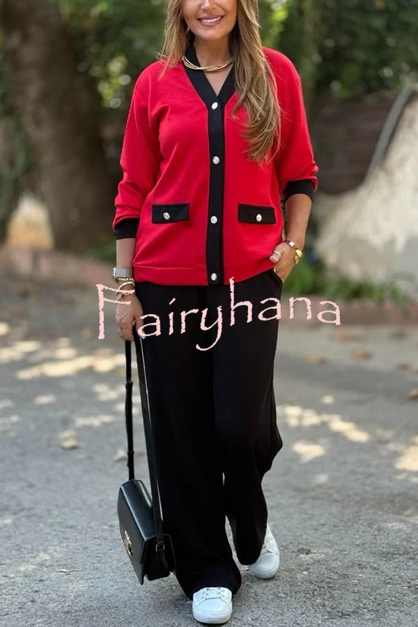 Stylish Color-blocked V-neck Knitted Button-down Cardigan and Elastic Waist Casual Wide-leg Pants Set