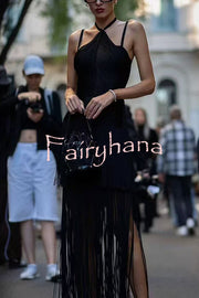Sexy Halterneck Open Back Elegant Tassel Slim Maxi Dress