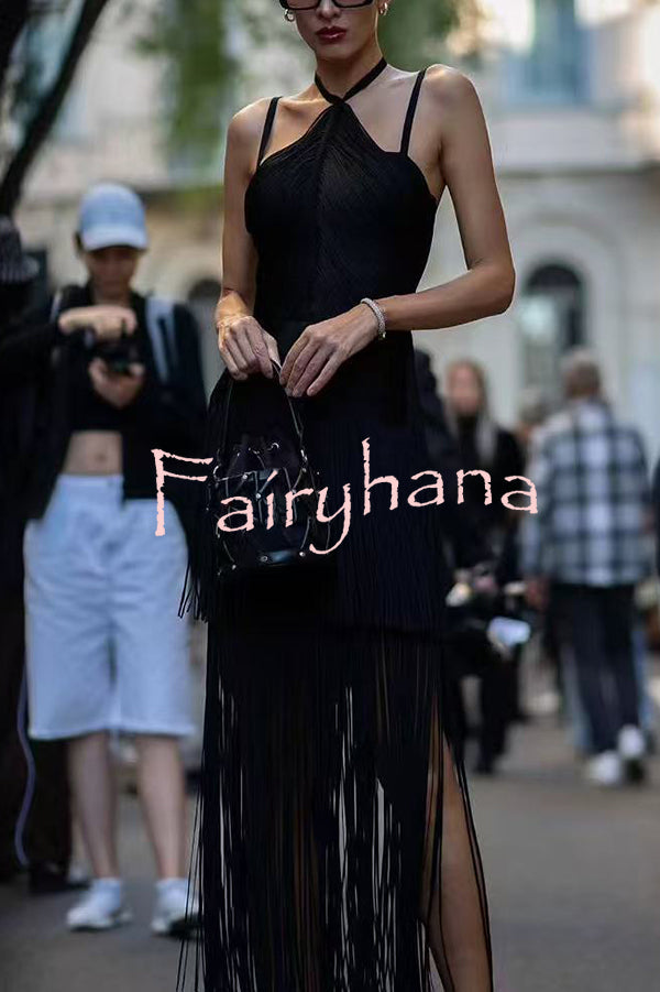 Sexy Halterneck Open Back Elegant Tassel Slim Maxi Dress