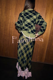 Holiday Plaid Knit Color-blocked Trim Button Long-sleeved Loose Cardigan