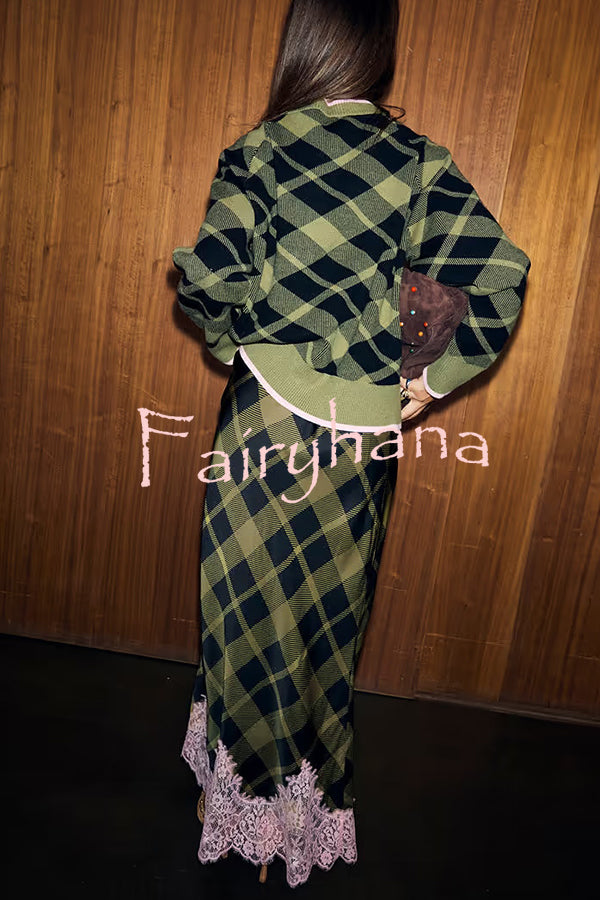 Holiday Plaid Knit Color-blocked Trim Button Long-sleeved Loose Cardigan