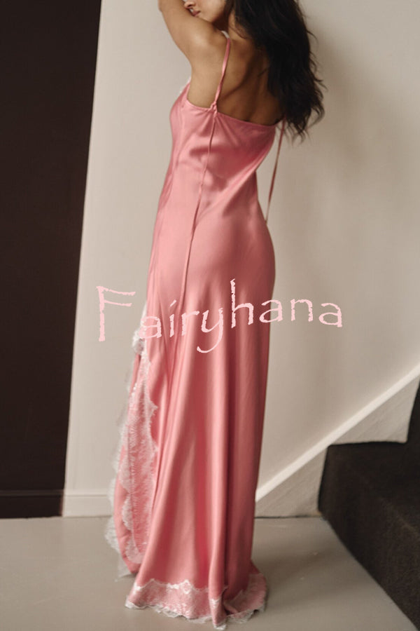 Breezy City Fall SatinLace Petal Trim Slip Tie-up H-line Slit Maxi Dress