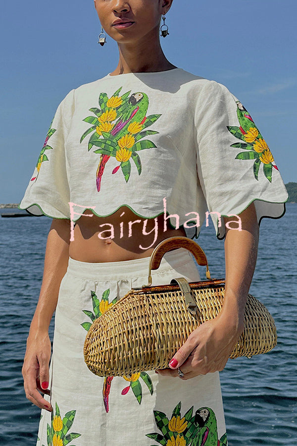 Parrot Print Round Neck Loose Crop Top and Elastic Waist Pocket Casual Midi Skirt Set