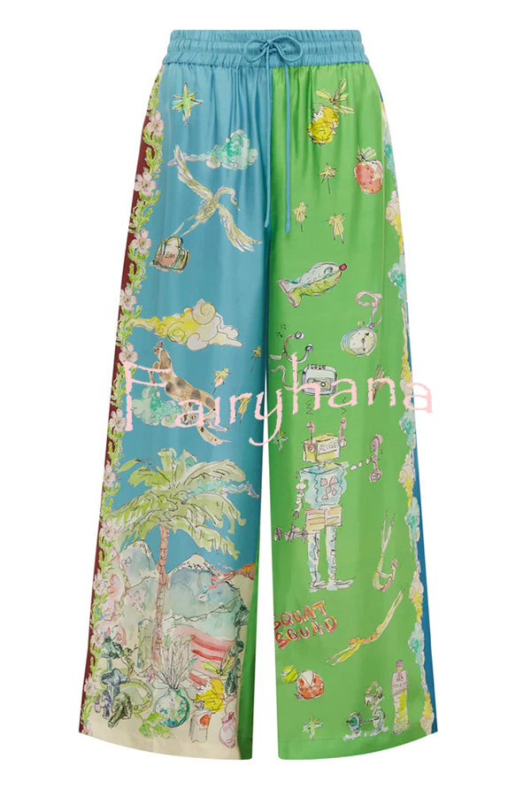 Unique Printed Lapel Short-sleeved Loose Shirt and Elastic Waist Tie Wide-leg Pants Set