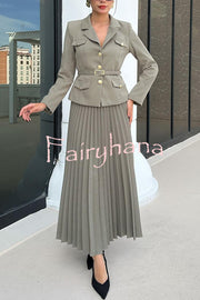 Solid Color Lapel Button Belt Blazer and Pleated Casual Maxi Skirt Set