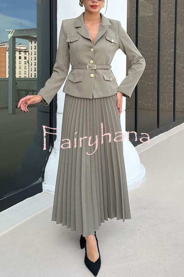 Solid Color Lapel Button Belt Blazer and Pleated Casual Maxi Skirt Set