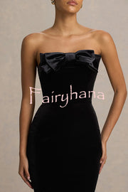 Illusion Velvet Bandeau neck Bow detail Stretch Maxi Dress