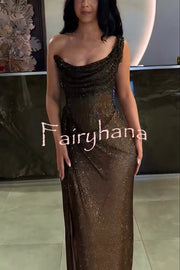 Glitzy Gala Glitter Fabric One Shoulder Ruched Slit Maxi Dress