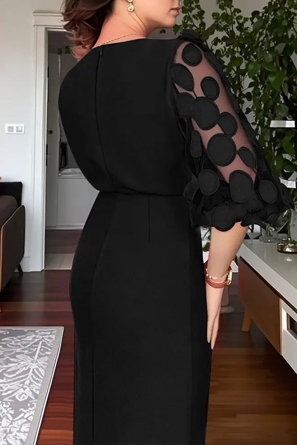 Solid Color Polka Dot Lantern Sleeve Slim High Waist Midi Dress