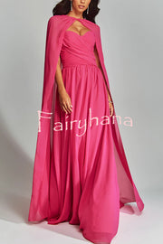 Romantic Party Chiffon Off Shoulder Sweetheart Neck Ruched Cape Maxi Dress