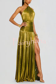 Metallic Halterneck Backless Pleated Waisted High-slit Maxi Dress