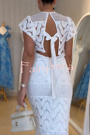 Elouise Wave Dot Embroidery Lace Back Tie-up Top and Elastic Waist Maxi Skirt Set