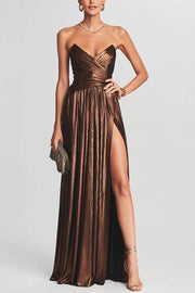 Goddess Temperament Metallic Pleated Fabric Off Shoulder Slit Maxi Dress