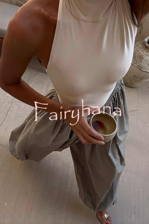 Fashion Plaid Print Elastic Waist Pocket Loose Wide-leg Pants