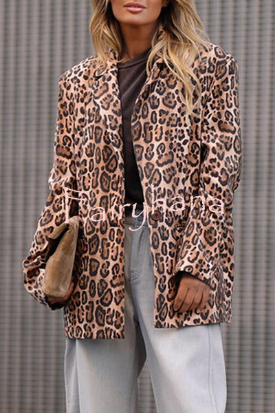Catwalk Leopard Single Button Long Sleeve Pocketed Lapel Boyfriend Blazer