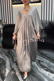 Satin Solid Color V-neck Lotus Leaf Sleeve Loose Pleated Maxi Dress
