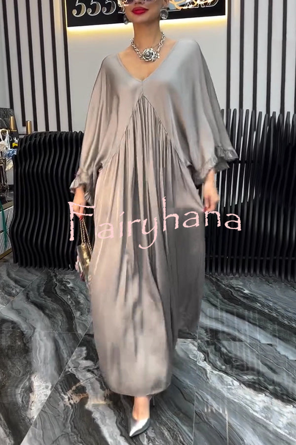 Satin Solid Color V-neck Lotus Leaf Sleeve Loose Pleated Maxi Dress
