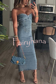 Cutie Denim Rosette Detail Corset Off Shoulder Stretch Maxi Dress