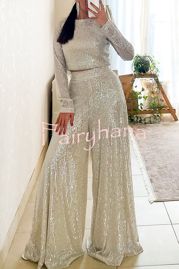 Fashionable Shiny Sequined Long-Sleeved Cropped Top and Casual Wide-Leg Pants Set
