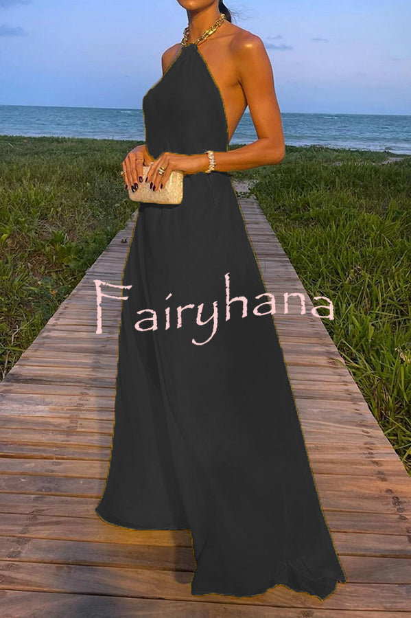 Sunny in Santorini Metal Chain Halter Backless A-line Vacation Maxi Dress