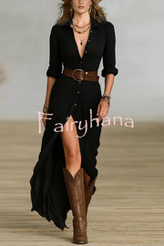 Fashion Lapel Single-breasted Waist Shirt-style Maxi Dress