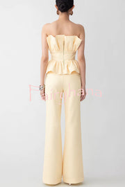 Every Occasion Crepe Panel Ruffles Strapless Top and High Rise Pocketed Flare Pants Set