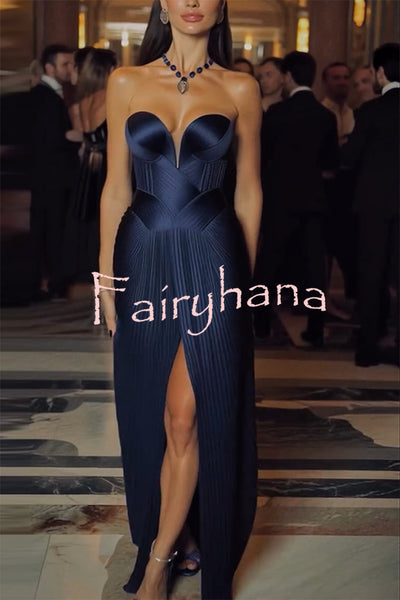 Stunning The Audience Plissé Satin Off Shoulder Drape Slit Gown Maxi Dress