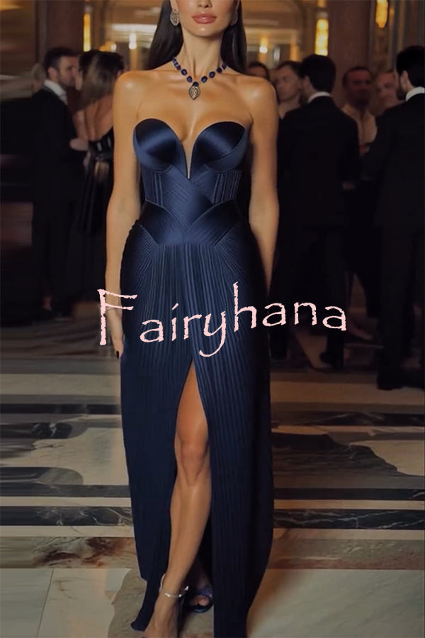 Stunning The Audience Plissé Satin Off Shoulder Drape Slit Gown Maxi Dress