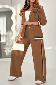 Solid Color Lapel Long Sleeve Loose Blazer and Elastic Waist Casual Pocket Wide Leg Pants Set