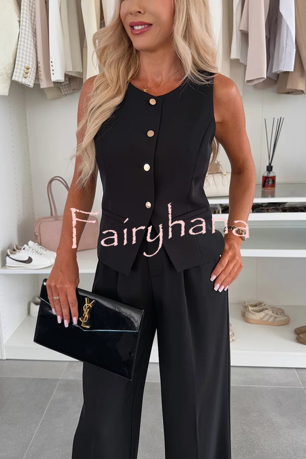 Workplace Chic Sleeveless Button Vest and Relaxed Pocket Wide Leg Pants Set
