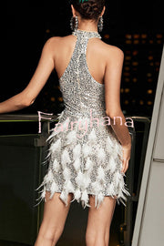 Stylish Sequined Sleeveless Feather-embellished Slim-fit Mini Dress