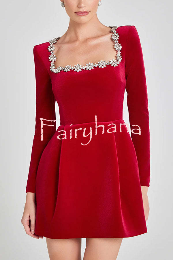 Endless Celebration Velvet Jewel Embellished Trim Long Sleeve Pocketed Mini Dress