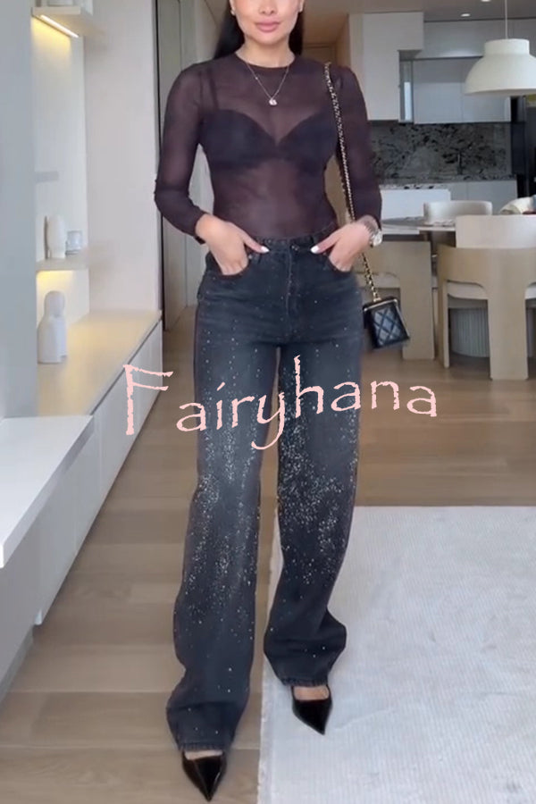Fashion Star Rhinestone High Rise Casual Pocket Straight Loose Jeans