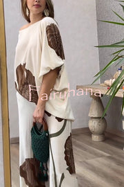 Floral Print Batwing Sleeves Loose-fitting Top and Relaxed Pocket Straight Pants Set