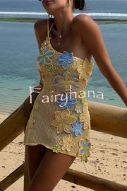Nammos Knit Crochet Handmade Flower One Shoulder Back Tie-up Stretch Mini Dress