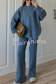 Solid Color Loose Long-sleeved Knit Top and Elastic Waist Casual Straight Leg Pants Set