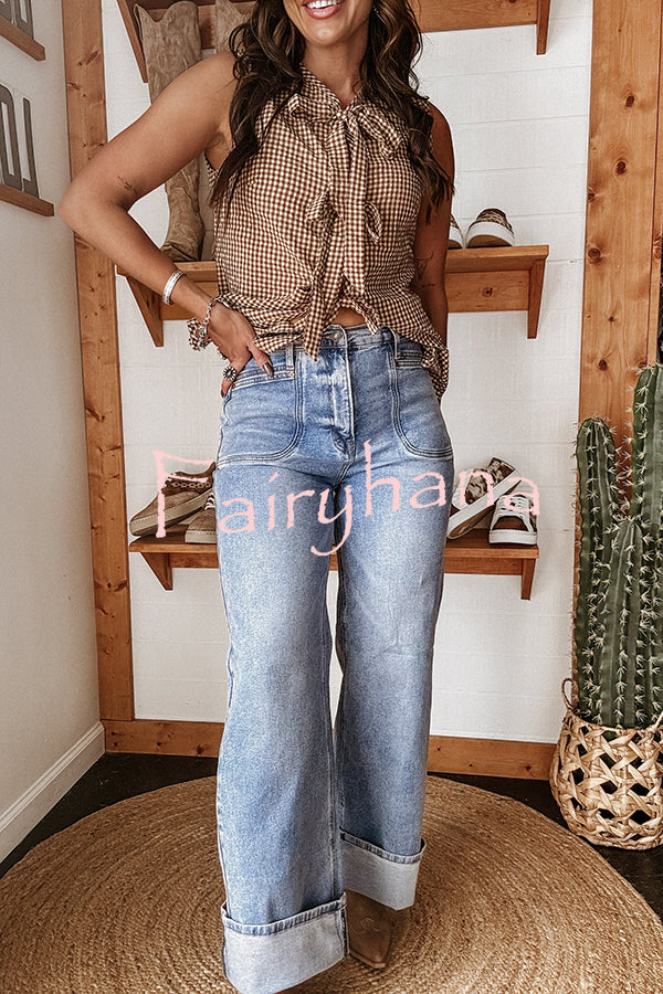 Fashion High Waist Pocket Casual Straight Jeans