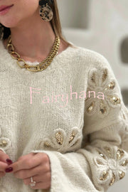 Fashionable Sequined Floral Loose Long-sleeved Knit Sweater