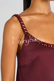 Taste Red Wine Satin Gemstone Trim Round Neck Slip H-line Mini Dress