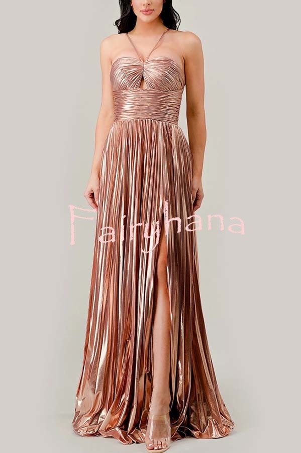 Make A Toast Metallic Fabric Cross Neck Cutout Slit Pleated Maxi Dress
