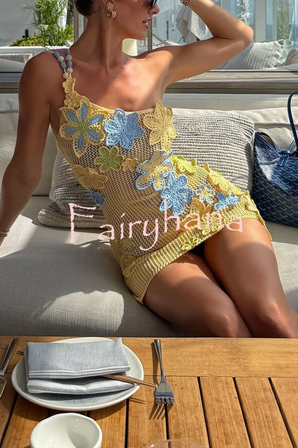 Nammos Knit Crochet Handmade Flower One Shoulder Back Tie-up Stretch Mini Dress
