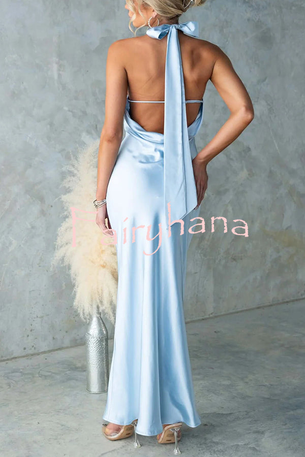 Satin Fashion Halter Backless Slim Elegant Maxi Dress